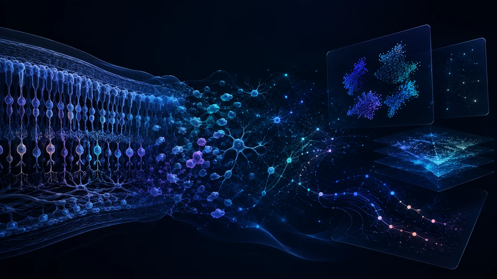 Abstract illustration of retinal tissue transforming into single-cell data, trajectories, and computational networks